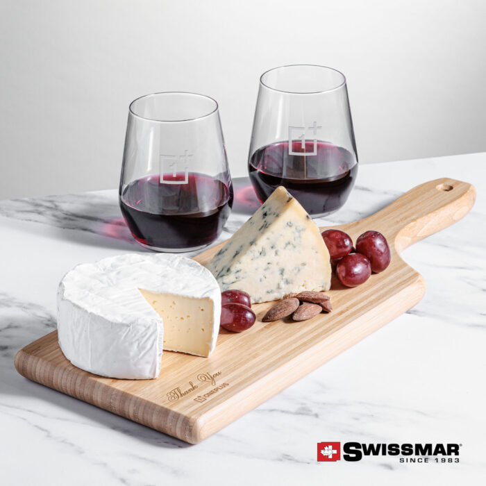 Swissmar Bamboo Board & 2 Germain Stemless Wine